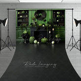 Lofaris Green and Black Monochromatic Halloween Sweep Backdrop Elegant Fireplace with Pumpkins Moody Photo Floor Drop